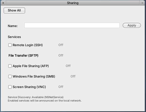 NextBSD Sharing pane with an empty Name field and all services Off